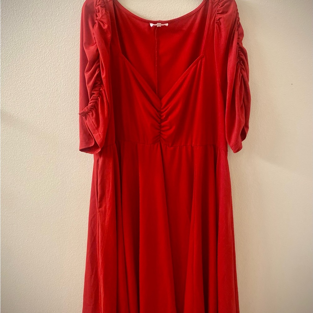 Amazon Red Ruched Sundress with Bishop Sleeves